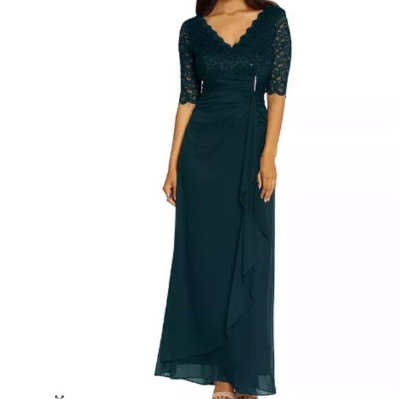 B&A By Betsy & Adam Petite V-Neck Lace-Bodice Gown - Picture 1 of 10